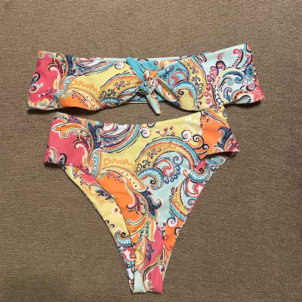 Women’s Pink Yellow Blue Paisley Bandeau Bikini, S